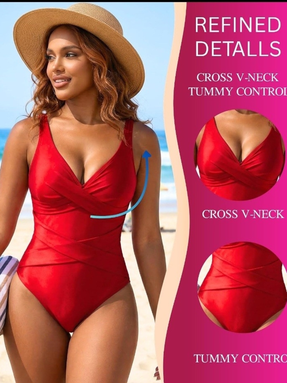 Women’s Red Cross V-Neck Tummy Control One-Piece Swimsuit